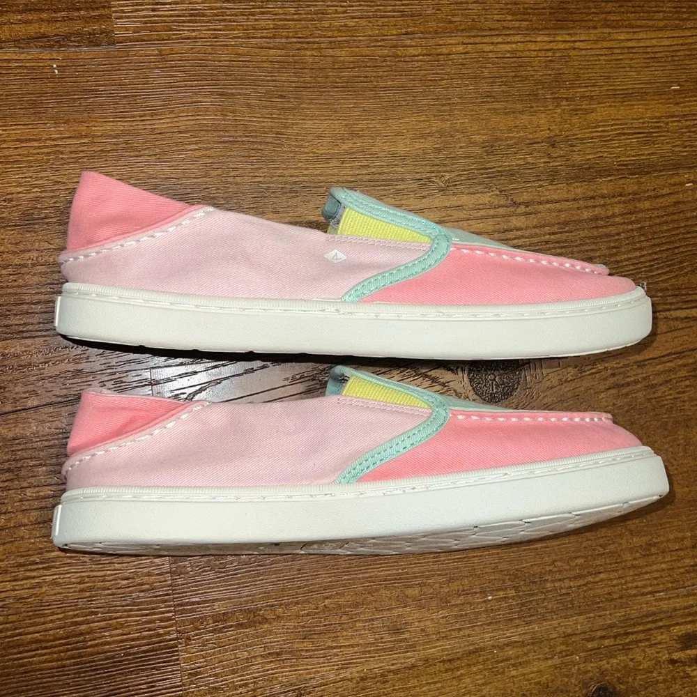 Sperry Colorblock Pink Green Pastel Canvas Slip On Memory Foam Loafers Size 6 - Picture 7 of 11